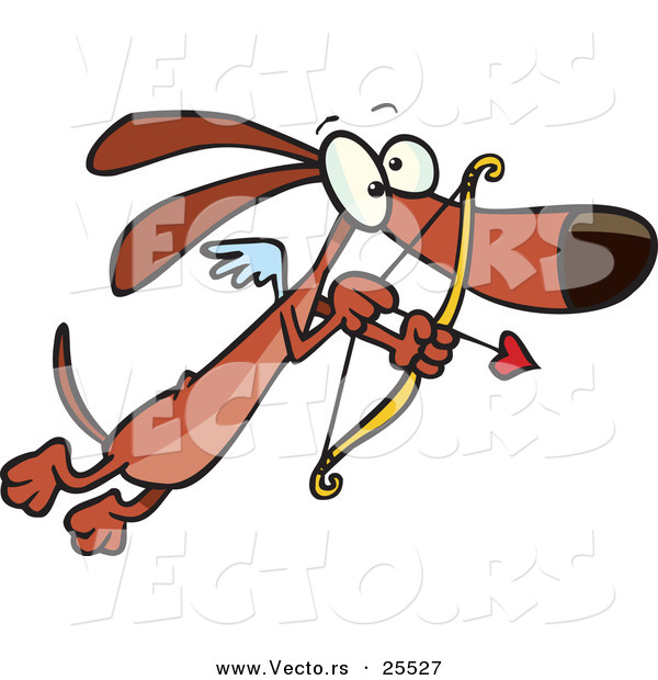 Vector of a Cartoon Cupid Weiner Dog Flying with Love Heart Arrow and Bow