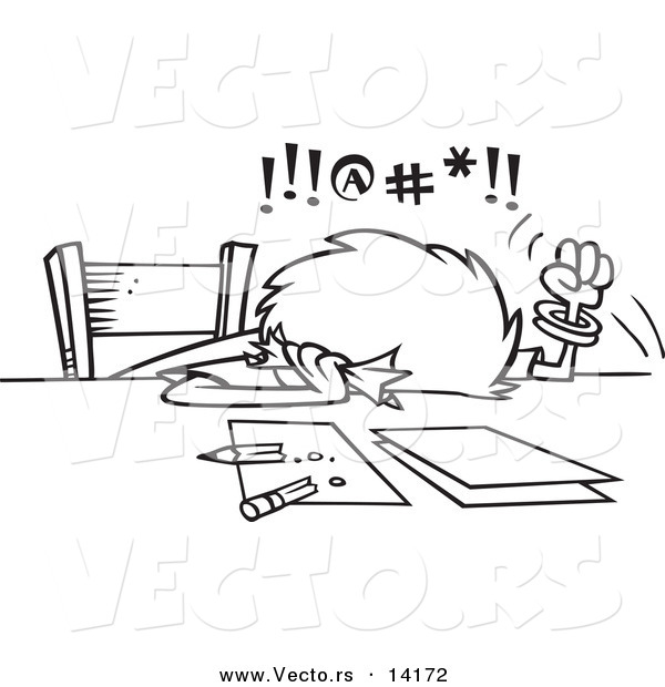 Vector of a Cartoon Cursing Woman Trying to Prepare Her Taxes - Coloring Page Outline