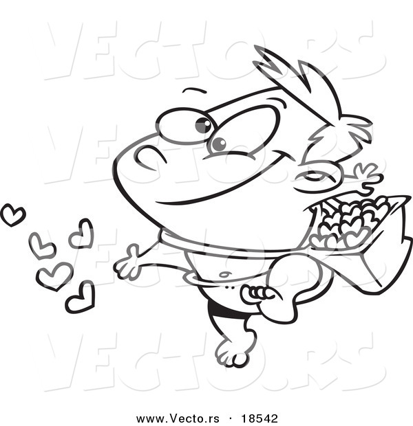 Vector of a Cartoon Cute Baby Tossing Hearts - Outlined Coloring Page