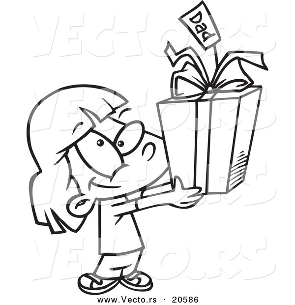 Vector of a Cartoon Cute Girl Holding a Fathers Day Gift - Coloring Page Outline