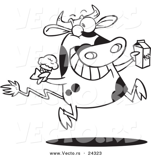 Vector of a Cartoon Dairy Cow with Ice Cream and Milk Black and White Outline - Outlined Coloring Page