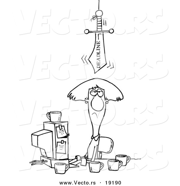 Vector of a Cartoon Deadline Sword Looming over a Businesswoman - Outlined Coloring Page