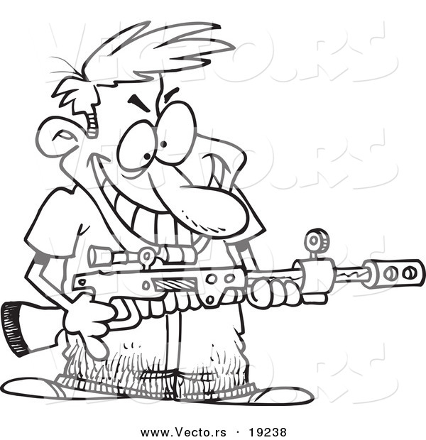 Vector of a Cartoon Demented Man Holding a Gun - Outlined Coloring Page
