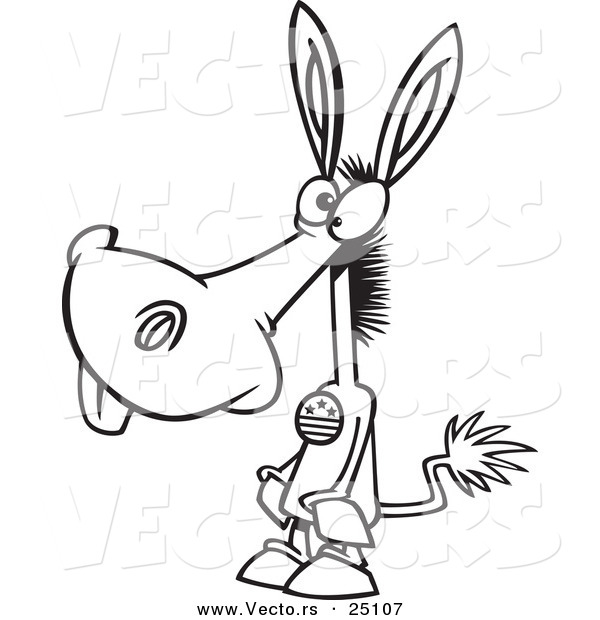 Vector of a Cartoon Democratic Donkey Wearing a Button - Coloring Page Outline