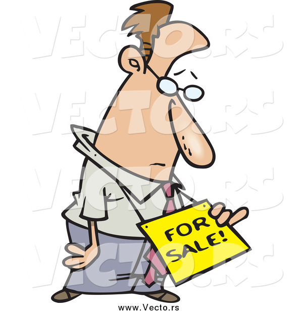 Vector of a Cartoon Depressed Business Man Wearing a for Sale Sign