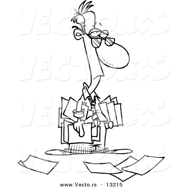 Vector of a Cartoon Depressed Businessman Carrying and Dropping Documents - Coloring Page Outline