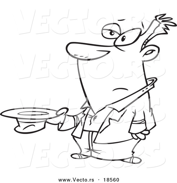 Vector of a Cartoon Depressed Man Holding out a Hat - Outlined Coloring Page