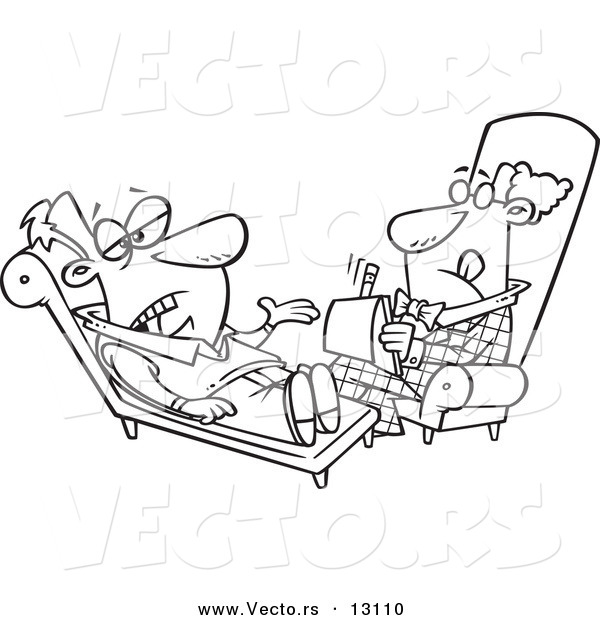 Vector of a Cartoon Depressed Man Talking to His Therapist in a Counseling Session - Outlined Coloring Page