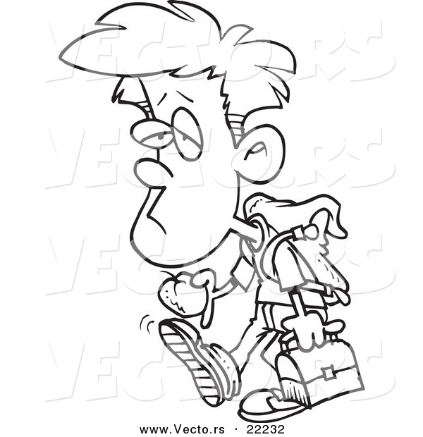 Vector of a Cartoon Depressed School Boy Holding an Apple - Outlined Coloring Page
