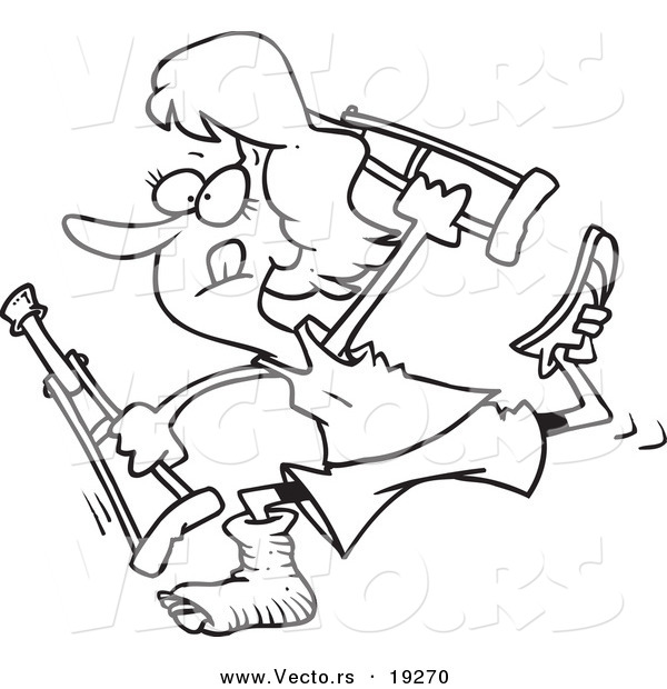 Vector of a Cartoon Determined Woman Running with Crutches - Outlined Coloring Page