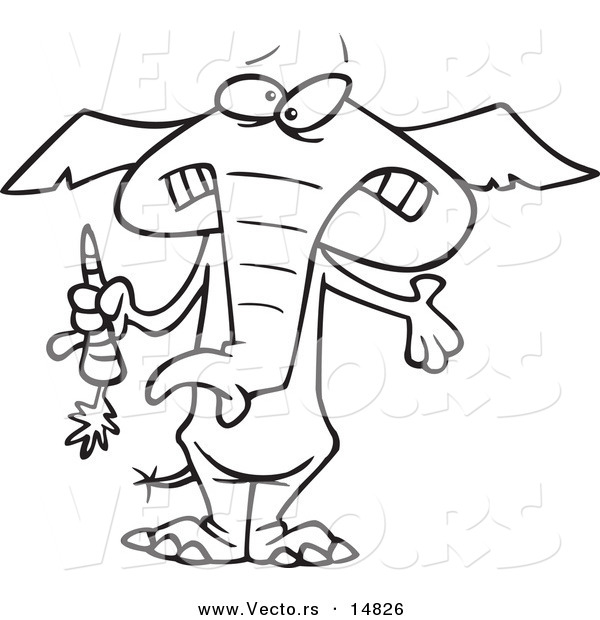 Vector of a Cartoon Dieting Elephant Trimming up by Eating Carrots - Coloring Page Outline
