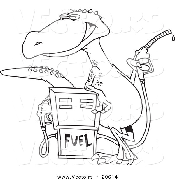 Vector of a Cartoon Dinosaur Standing by a Gas Pump - Coloring Page Outline