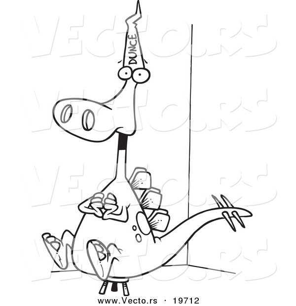 Vector of a Cartoon Dinosaur Wearing a Dunce Hat - Outlined Coloring Page
