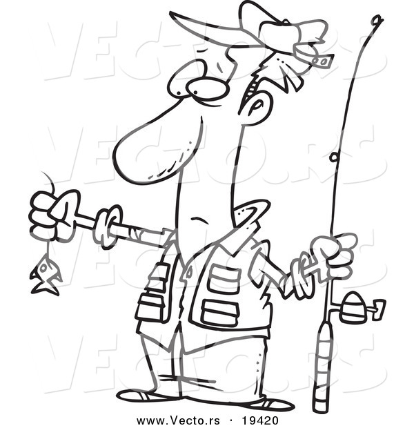Vector of a Cartoon Disappointed Fisherman with a Tiny Fish - Outlined Coloring Page