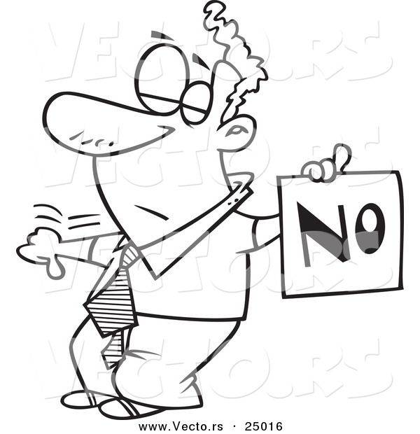Vector of a Cartoon Displeased Man with a Thumb down Holding a NO Sign - Outlined Coloring Page
