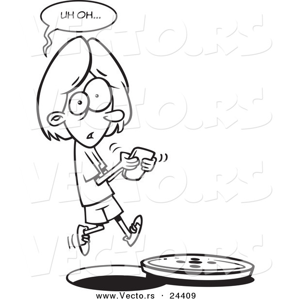 Vector of a Cartoon Distracted Girl Texting and Falling into a Manhole - Outlined Coloring Page