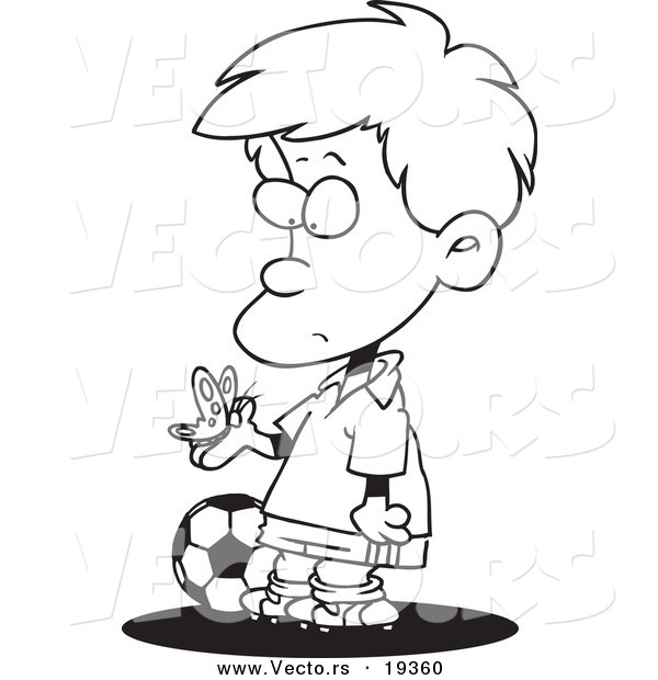 Vector of a Cartoon Distracted Soccer Boy Admiring a Butterfly - Outlined Coloring Page