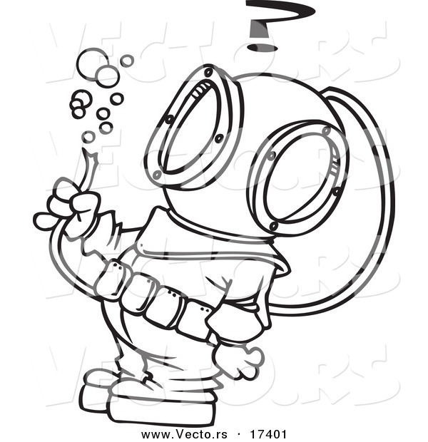 Vector of a Cartoon Diver Looking at a Hose with Bubbles - Coloring Page Outline