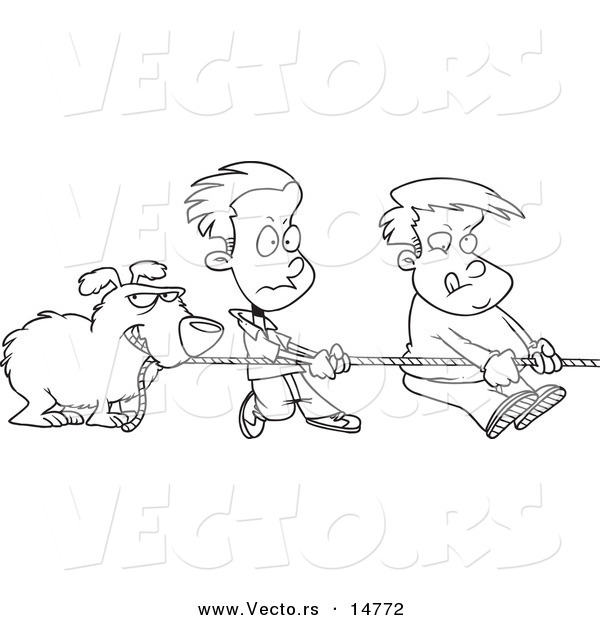 Vector of a Cartoon Dog and Boys Tugging on a Rope - Coloring Page Outline