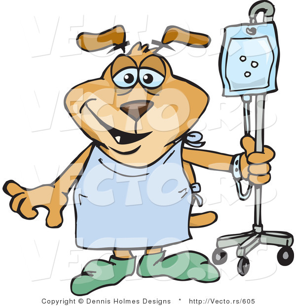 Vector of a Cartoon Dog Attached to an IV in a Hospital While Trying to Recover from Surgery