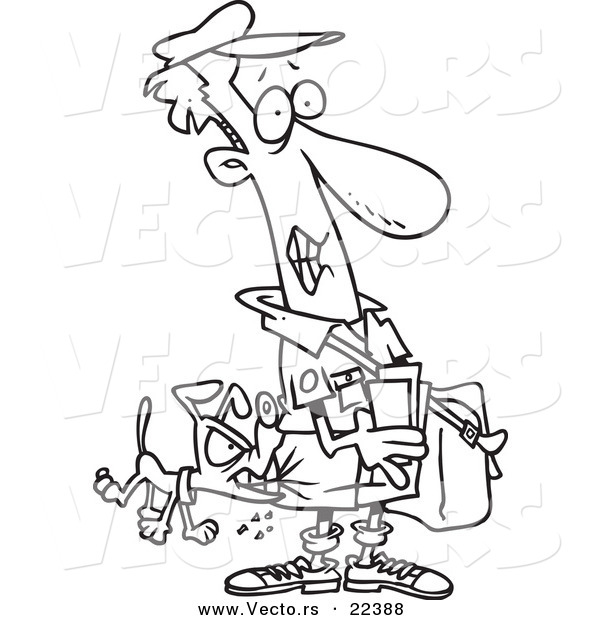 Vector of a Cartoon Dog Biting a Mail Man - Coloring Page Outline