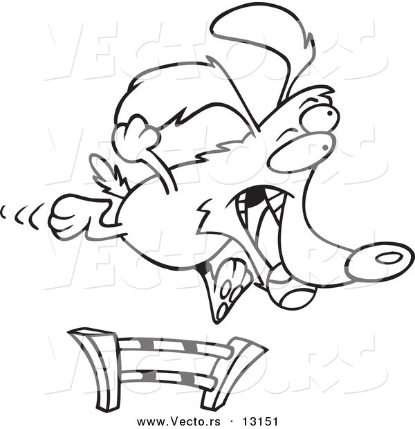 Vector of a Cartoon Dog Catching a Ball and Leaping a Hurdle in an Agility Course - Coloring Page Outline