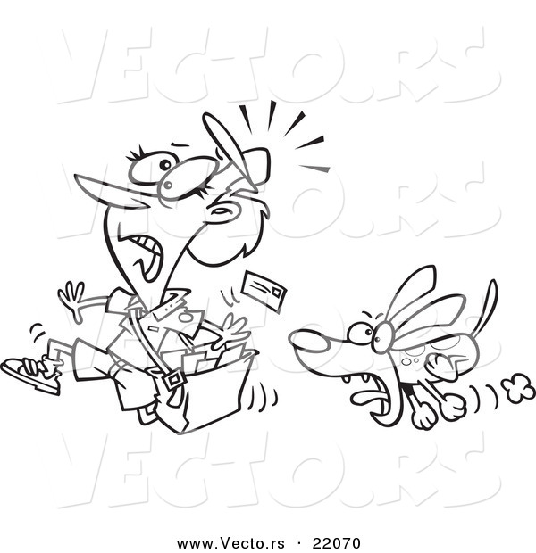 Vector of a Cartoon Dog Chasing a Mail Woman - Outlined Coloring Page