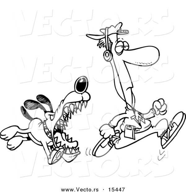 Vector of a Cartoon Dog Chasing an Anaware Runner - Coloring Page Outline