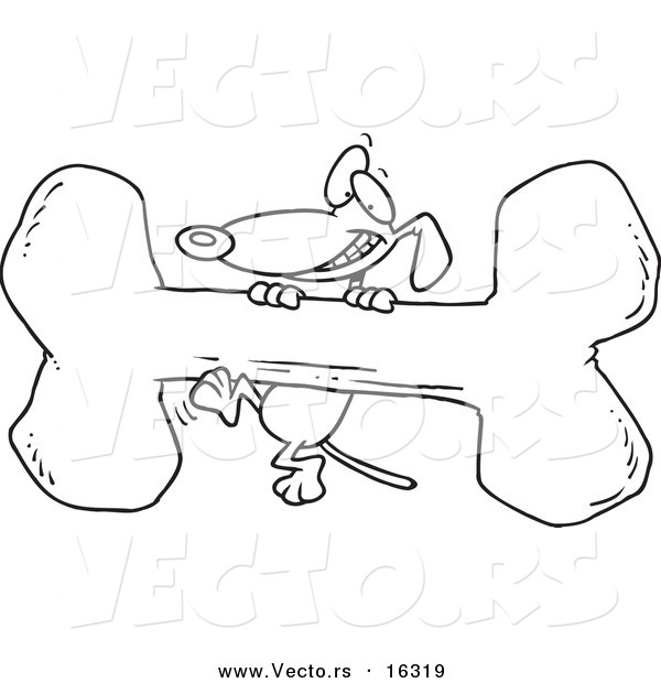 Vector of a Cartoon Dog Climbing a Giant Bone - Outlined Coloring Page Drawing