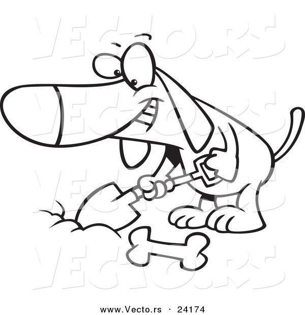 Vector of a Cartoon Dog Digging a Deposit Hole for a Bone - Coloring