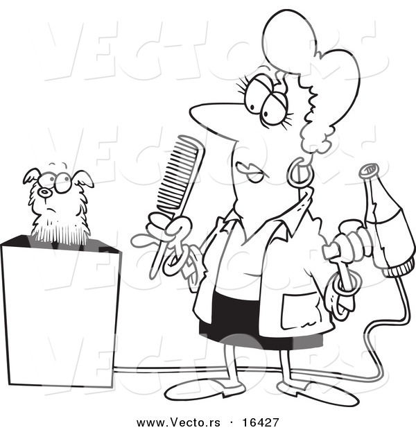 Vector of a Cartoon Dog Groomer Holding a Comb and Blow Dryer - Outlined Coloring Page Drawing