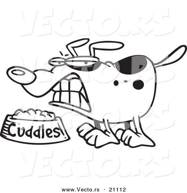 Vector of a Cartoon Dog Growing over His Food Bowl - Coloring Page Outline