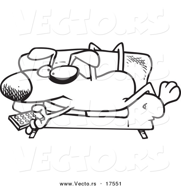 Vector of a Cartoon Dog Holding a Remote Control and Resting on a Couch - Coloring Page Outline