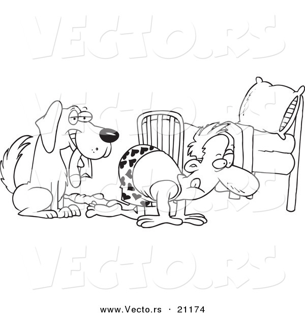 Vector of a Cartoon Dog Holding a Sock While His Master Searches - Coloring Page Outline