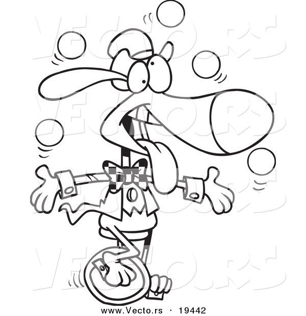 Vector of a Cartoon Dog Juggling and Unicycling - Outlined Coloring Page