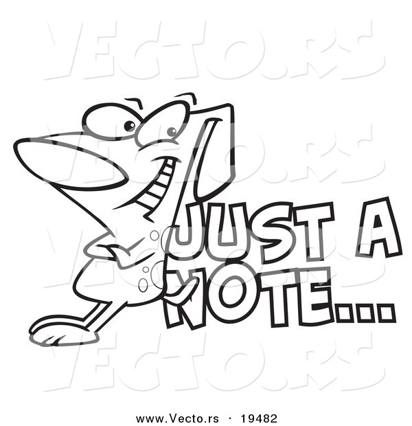 Vector of a Cartoon Dog Leaning Against Just a Note Text - Outlined Coloring Page
