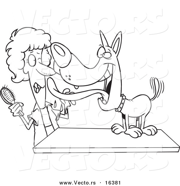 Vector of a Cartoon Dog Licking His Groomer - Outlined Coloring Page Drawing