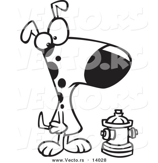Vector of a Cartoon Dog Looking at a Small Fire Hydrant - Coloring Page Outline