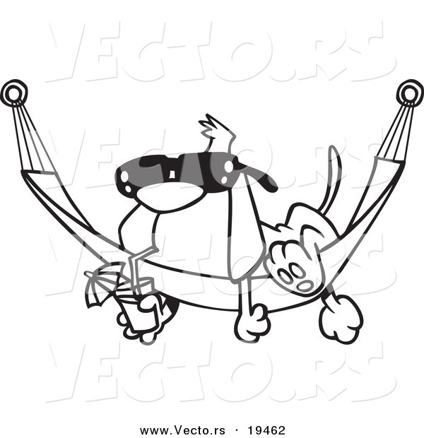 Vector of a Cartoon Dog Lounging on a Hammock - Outlined Coloring Page