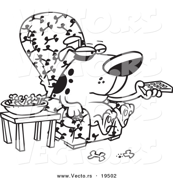 Vector of a Cartoon Dog Munching on Bones and Watching Tv - Outlined Coloring Page