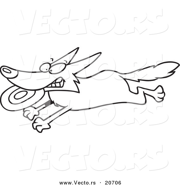 Vector of a Cartoon Dog Running with a Frisbee - Coloring Page Outline