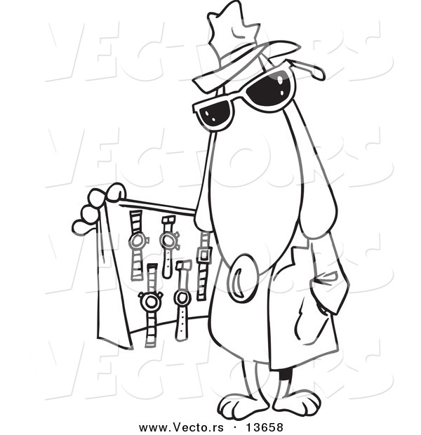 Vector of a Cartoon Dog Selling Watches from Under His Coat - Coloring Page Outline