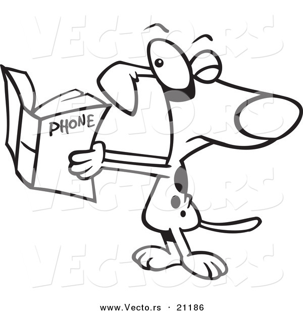 Vector of a Cartoon Dog Squinting at a Phone Book - Coloring Page Outline