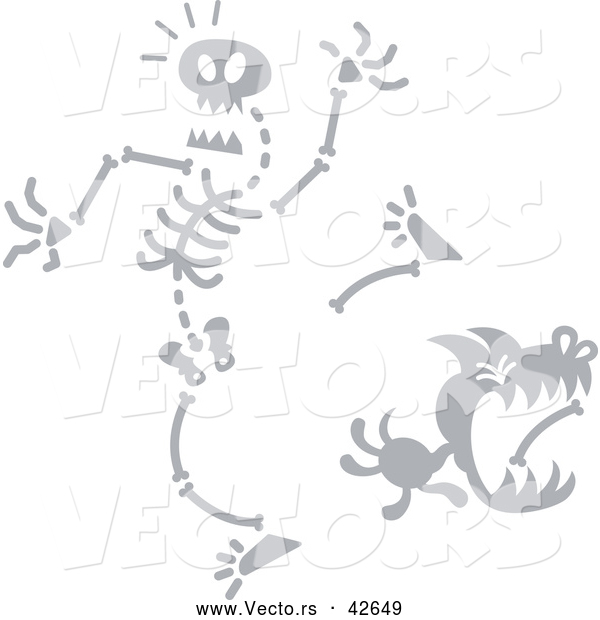 Vector of a Cartoon Dog Stealing Bone from Creepy Skeleton