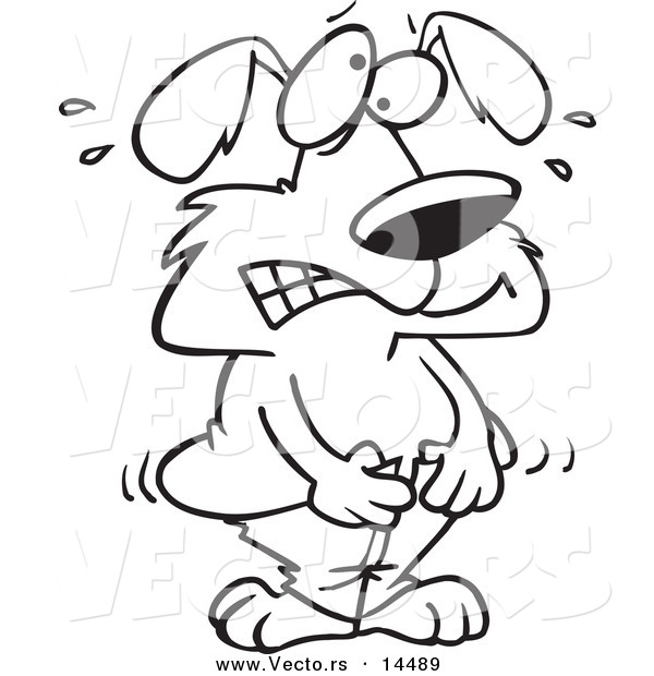 Vector of a Cartoon Dog Trying to Squeeze into Tight Pants - Coloring Page Outline