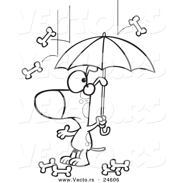 Vector of a Cartoon Dog Under an Umbrella in Bone Rain - Outlined Coloring Page