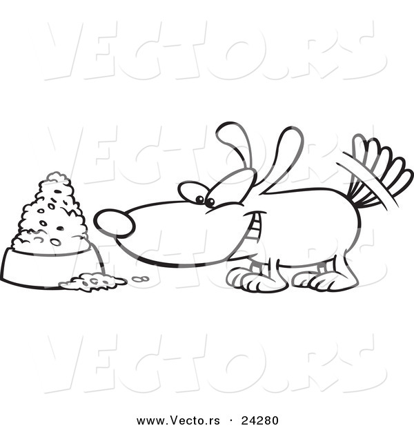 Vector of a Cartoon Dog Wagging His Tail by a Food Bowl - Outlined Coloring Page