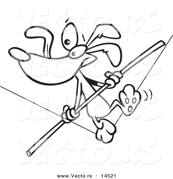 Vector of a Cartoon Dog Walking a Tight Rope - Coloring Page Outline