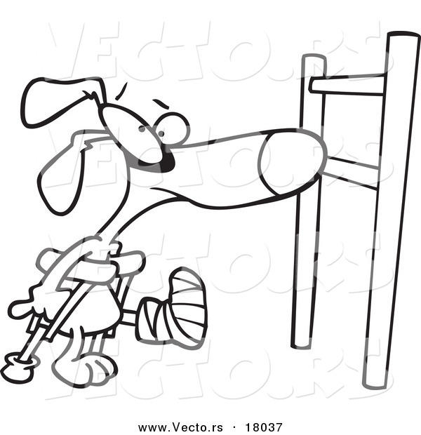 Vector of a Cartoon Dog with a Broken Leg, Approaching a Hurdle - Outlined Coloring Page