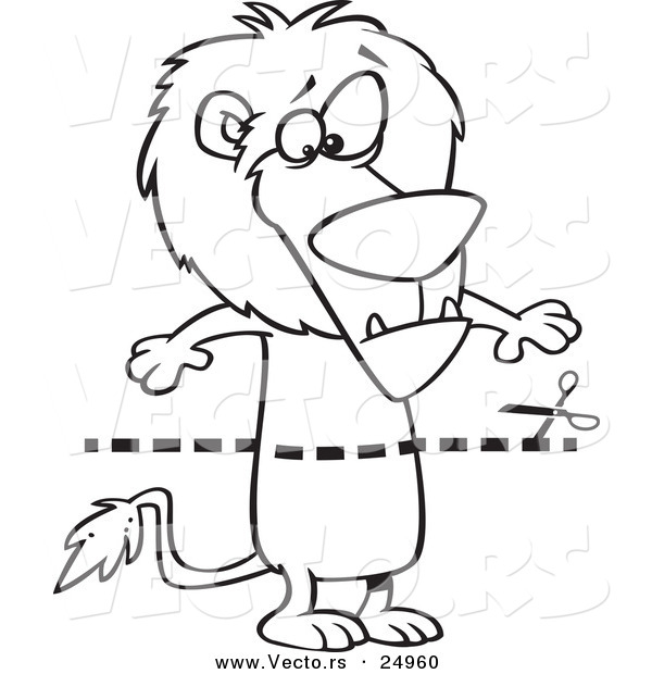Vector of a Cartoon Dotted Lion Coupon Streak and Scissors - Outlined Coloring Page